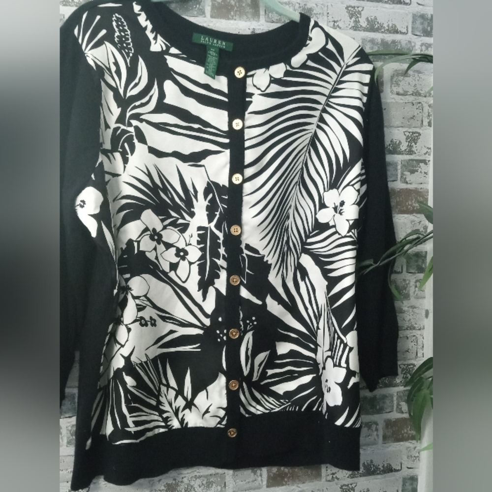 Ralph Lauren Black and White Botanical Cardigan Sweater - Picture 2 of 5
